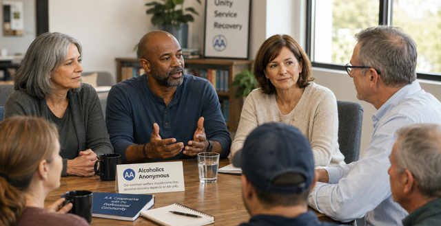 A group of people seated around a table in conversation, with a placard reading &ldquo;Alcoholics Anonymous&rdquo;.