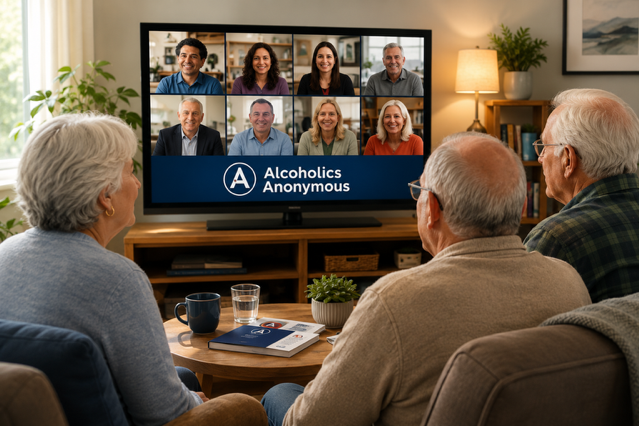 People at home watching an Alcoholics Anonymous online meeting on a television.