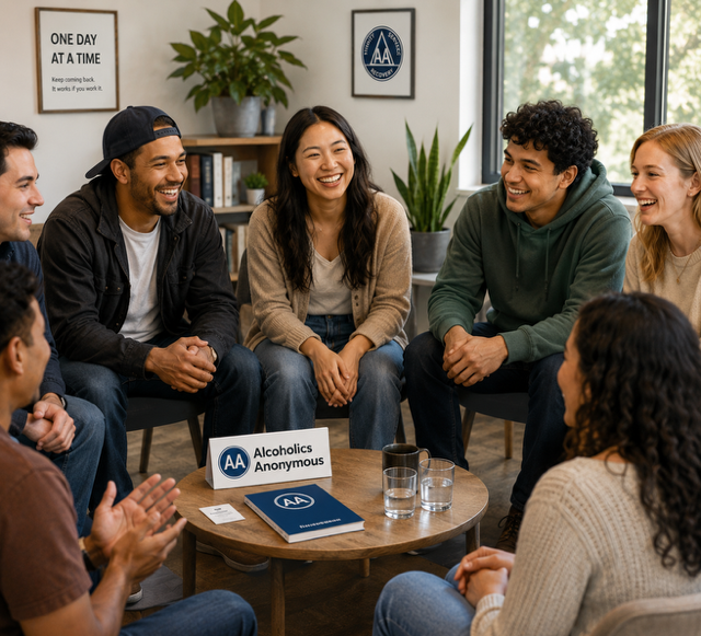 Young adults smiling together in a supportive group conversation.